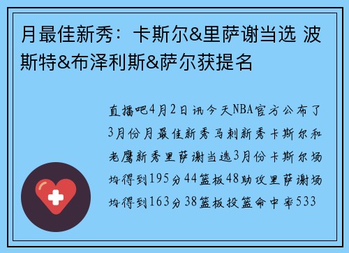 月最佳新秀：卡斯尔&里萨谢当选 波斯特&布泽利斯&萨尔获提名