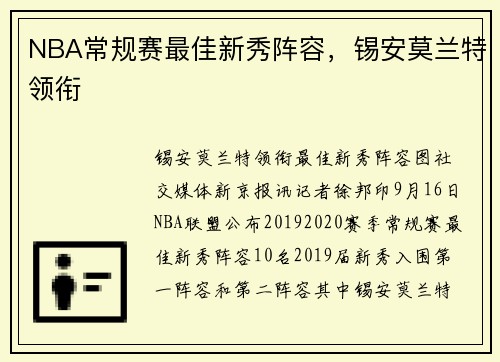 NBA常规赛最佳新秀阵容，锡安莫兰特领衔