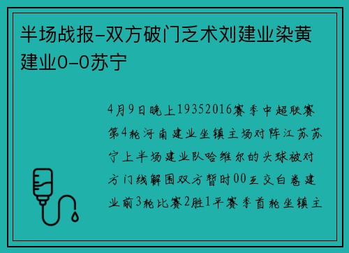 半场战报-双方破门乏术刘建业染黄 建业0-0苏宁